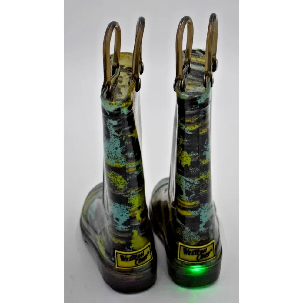 WESTERN CHIEF Light Up Rain Boots - Brush Stripe Green & Blue - US Toddler 6
